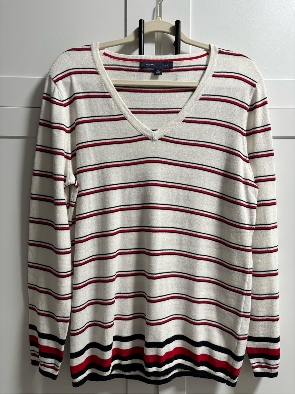 Tommy Hilfiger Striped V-Neck Knit Pullover Sweater White Red Navy Size XL